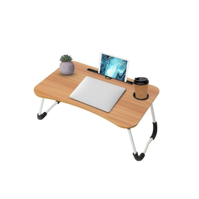 Laptop table with laptop and tablet on white background.