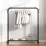Modern clothing rack displayed in a bedroom.