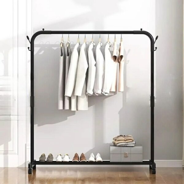 Modern clothing rack displayed in a bedroom.