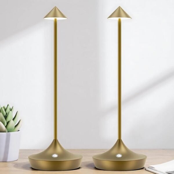 Cordless gold table lamps on counter with dimmable light settings.