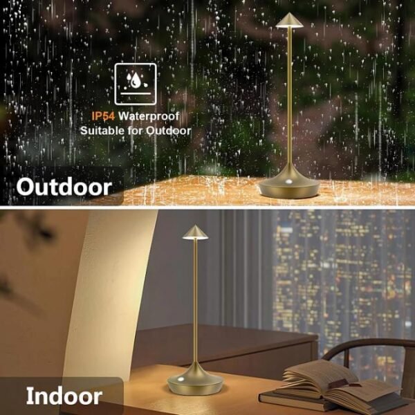 Cordless table lamp with waterproof IP54 rating for indoor and outdoor use.