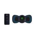 EMS neck pad massager placed beside a remote control, offering customizable relief and convenience.