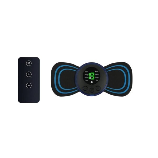 EMS neck pad massager placed beside a remote control, offering customizable relief and convenience.