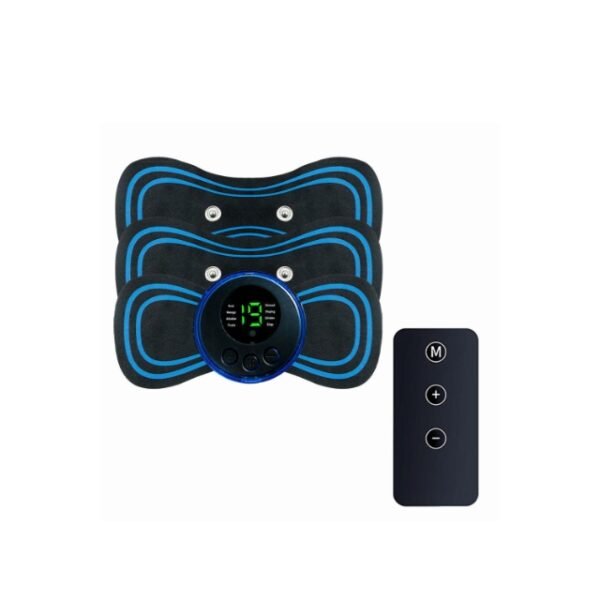 EMS neck pad massager positioned alongside a remote control and additional sticky pads, ensuring enhanced comfort and support.