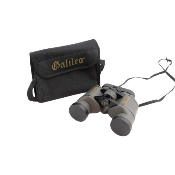 Army green Galileo binoculars with durable housing bag and neck strap.