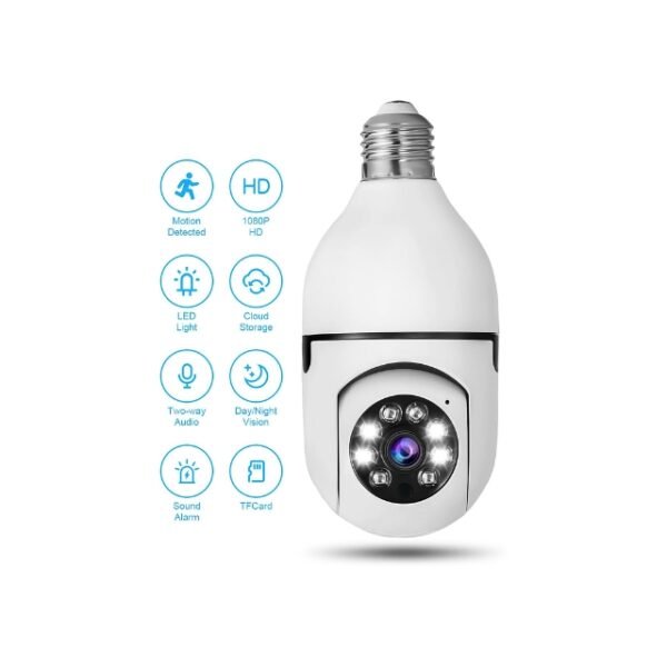 Cool features of our Light Bulb Camera: motion detection, 1080 HP, LED light, cloud storage, two-way audio, day/night vision, sound alarm, TF card.