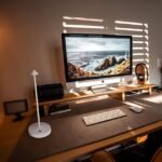 Minimalist white table lamp on desk, perfect for reading and relaxation.