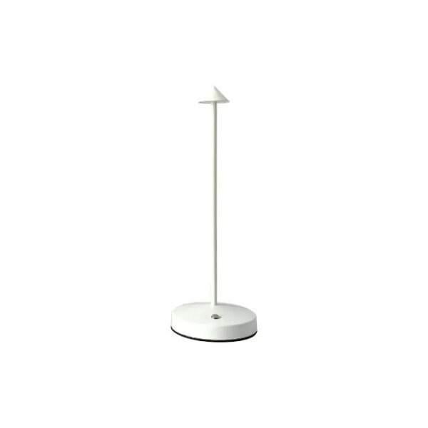 Minimalist white table lamp with touch button and rechargeable battery.