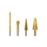 Parkside drill bit set, 4 pieces, on white background, showcasing bright finish and alloy steel quality.