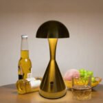 Modern mushroom table lamp with adjustable brightness on dining table.