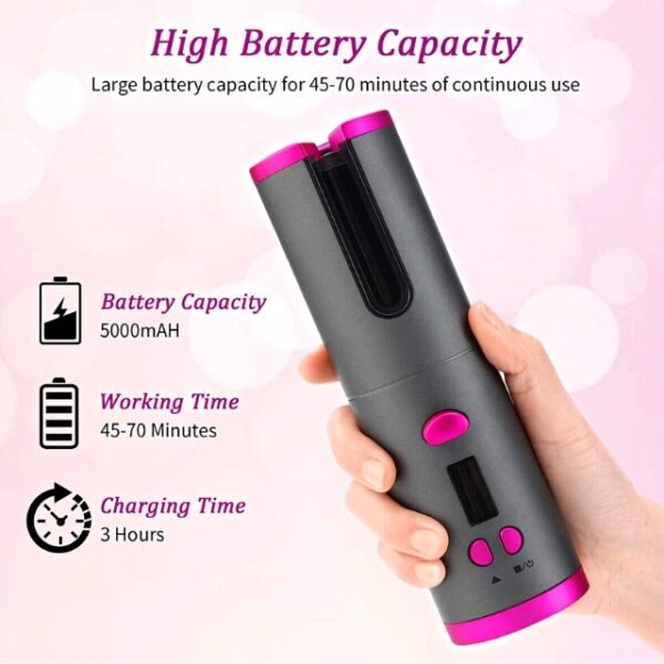 Power-packed 5000mAh battery for cordless curling iron.