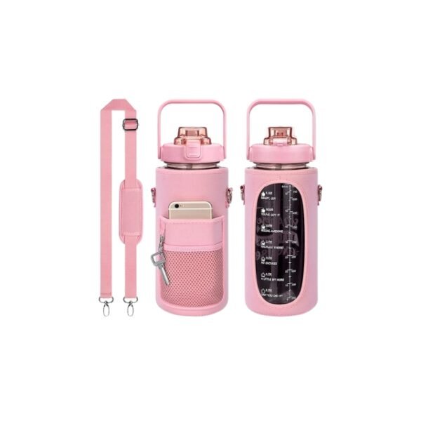 2L water bottle in stylish pink with adjustable strap and phone holder slot.