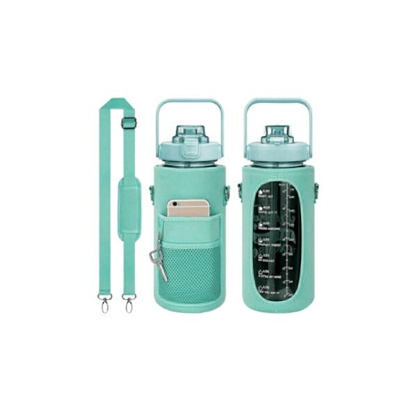 2L water bottle in stylish green with adjustable strap and phone holder slot.