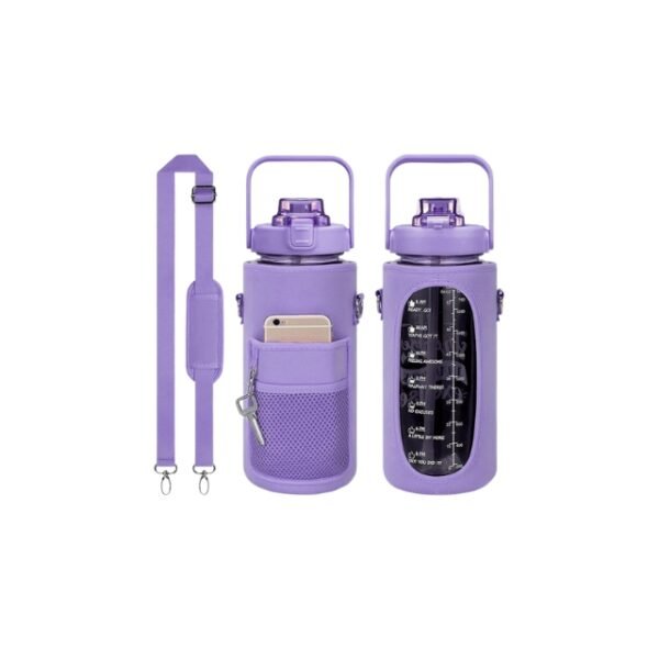 2L water bottle in stylish purple with adjustable strap and phone holder slot.