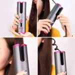 Stylish woman creating tufts with cordless curling iron.