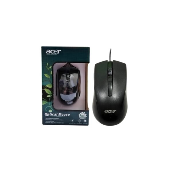 Acer optical technology mouse 1200BPI, sleek black and silver design, on a white background.