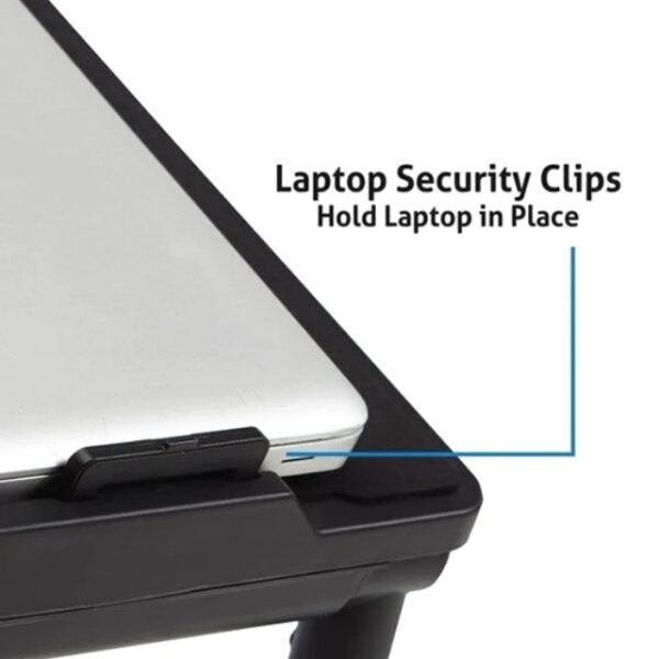 Laptop secured on Air Space table with security clips.