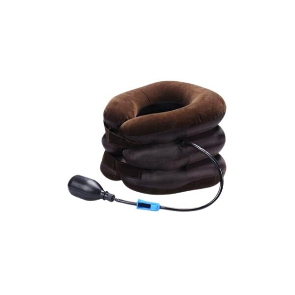 Dark brown Cervical Neck Traction Pillow with inflation pump on white background.