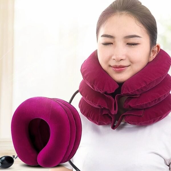 Royal purple Cervical Neck Traction Pillow, woman in blissful comfort in the background.