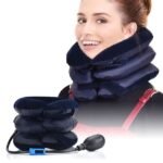 Smiling woman wearing the inflated traction pillow around her neck.