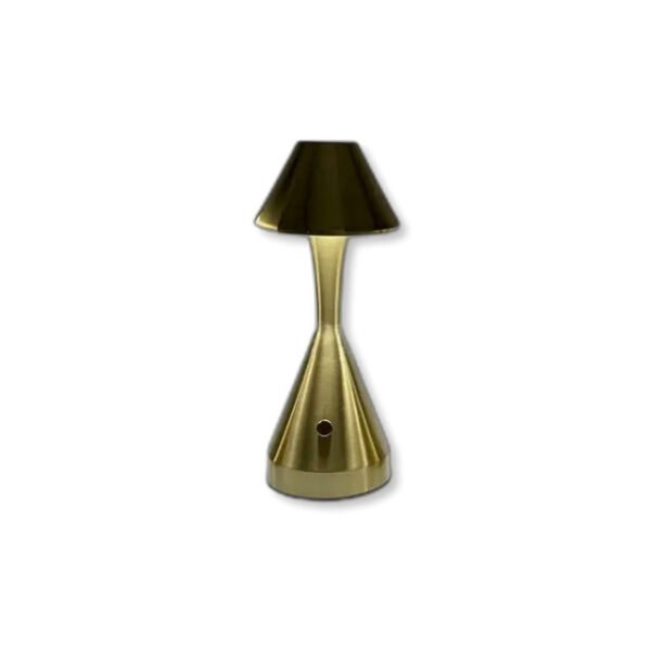 Conical table lamp in bronze with stylish metallic body and inverted lampshade.