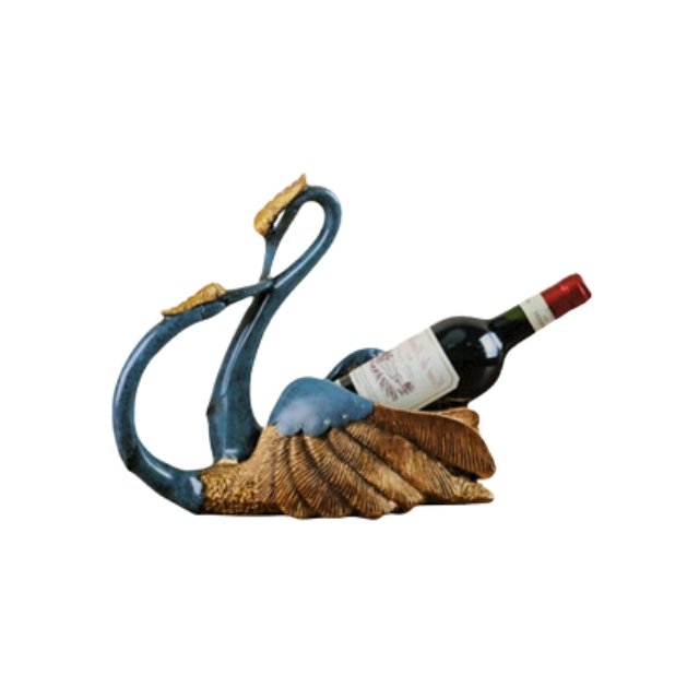 Couple swan wine bottle holder with vintage bottle, blue with brown feathers.