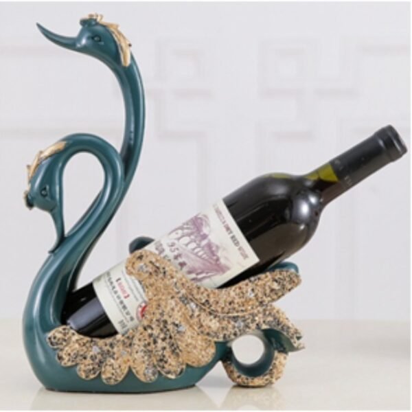 Swan Wine Rack in Blue and Gold with Diamond Accents on Countertop