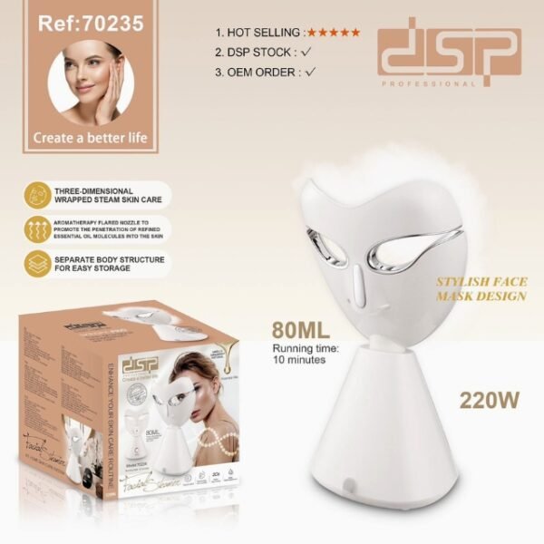 Stylish and universally designed DSP 70235 facial steamer.