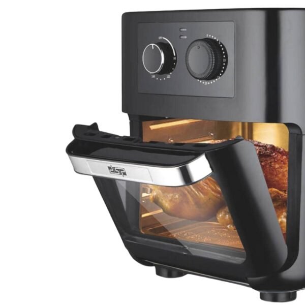 Two-knob black air fryer for precise time and temperature control.