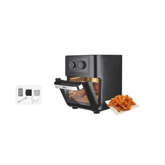 DSP KB-2025 air fryer with 2 mesh racks and frying attachments on white background.