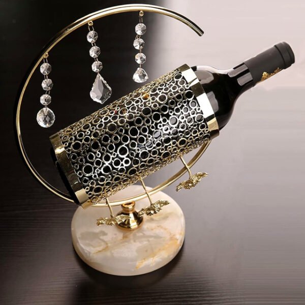 Top view of diamond wine rack with honeycomb bottle holder and dangling crystals.