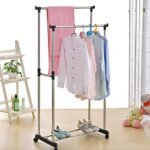 Double Pole Clothes Rack seamlessly complements modern bedrooms in chrome and carbon colors.