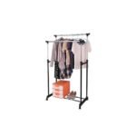 Double Pole Clothes Rack displaying fashionable garments against a white background, with stylish steel finish and movable wheels.