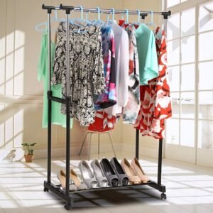 Double-Pole Clothes Rack with Shoe Shelf