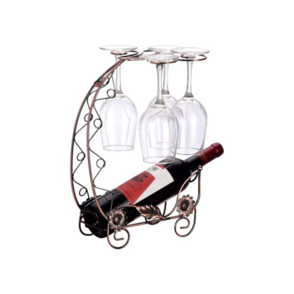 Dragon boat wine rack in bronze holding wine and glasses against white background.