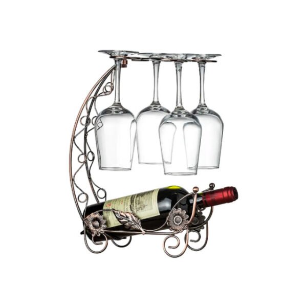 Side view of dragon boat wine rack with floral accents and cup holder.