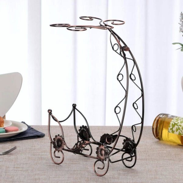 Dragon boat wine rack with vintage metalwork and inverted cup holder.