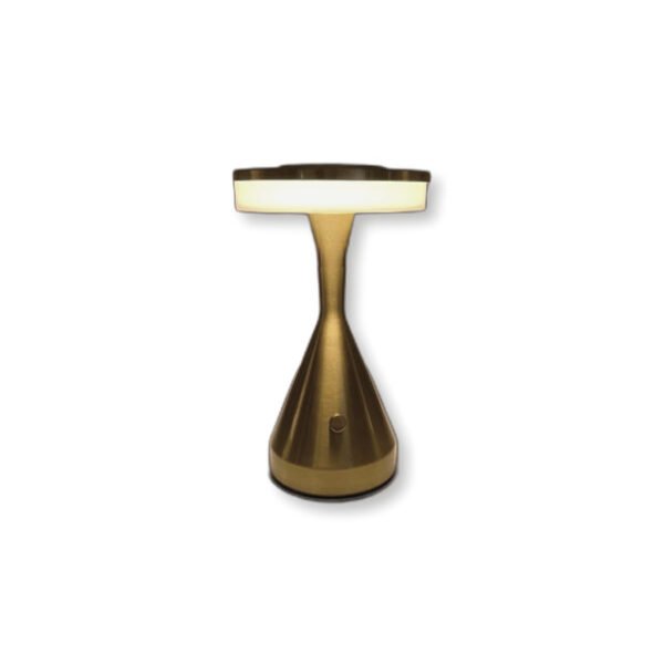 Hourglass table lamp against a white background showcasing its lightweight metallic body and design.