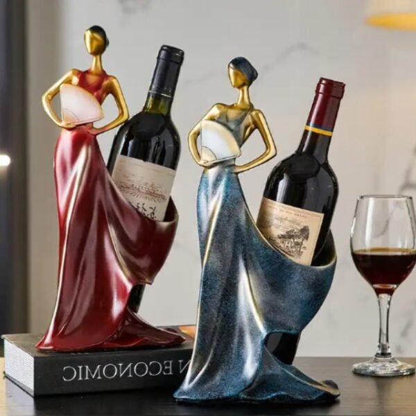 Stylish Lady of Pearls wine holder in blue and red on a modern countertop with a bottle of wine.