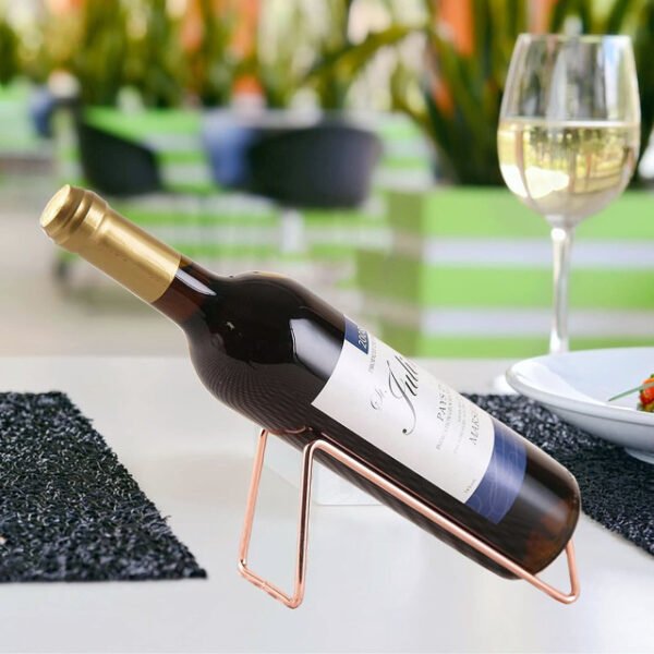 Minimalist wine bottle holder securely holding a wine bottle at a party.