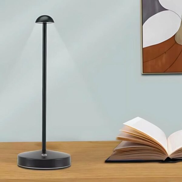 Mushroom table lamp providing warm LED light for reading.