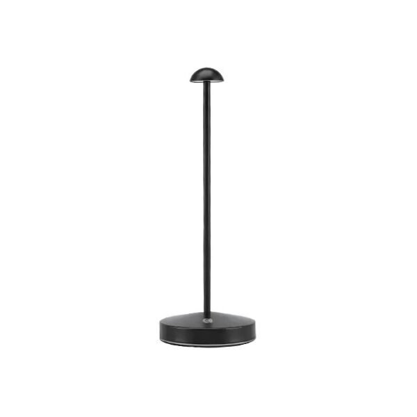 Black mushroom table lamp with dome shade and warm LED light.