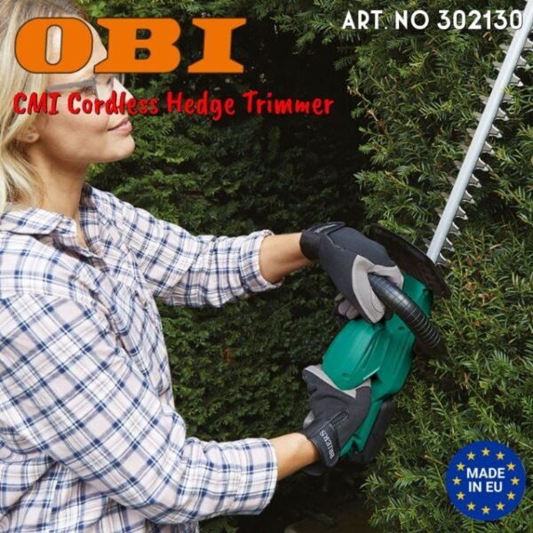 Woman wields CMI hedge trimmer for efficient garden maintenance.