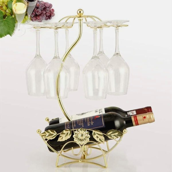 Olive wine rack with floral base and olive branch design holding glasses.