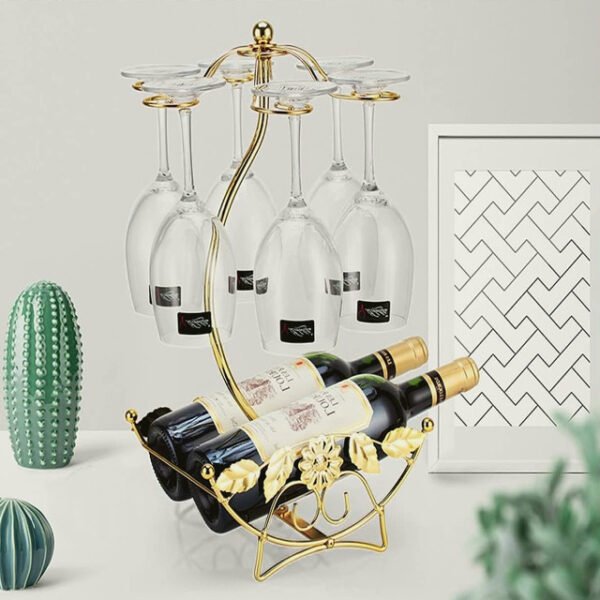 Olive wine rack holding 2 bottles and 6 glasses on a table.