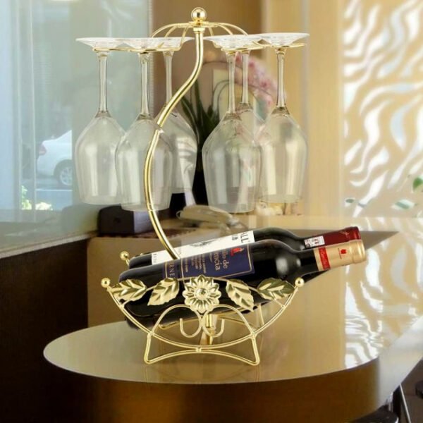 Olive wine rack with gold finish on a table, suitable for weddings and parties.