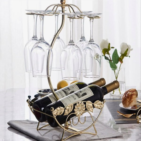 Olive wine rack in a kitchen, keeping bottles and glasses within reach.