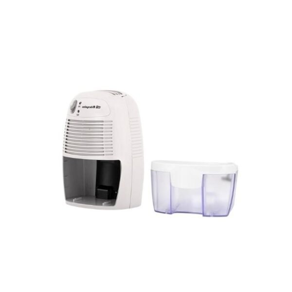 Orbegozo DH-250 Dehumidifier Next to 500ml Water Container with Modern Design.