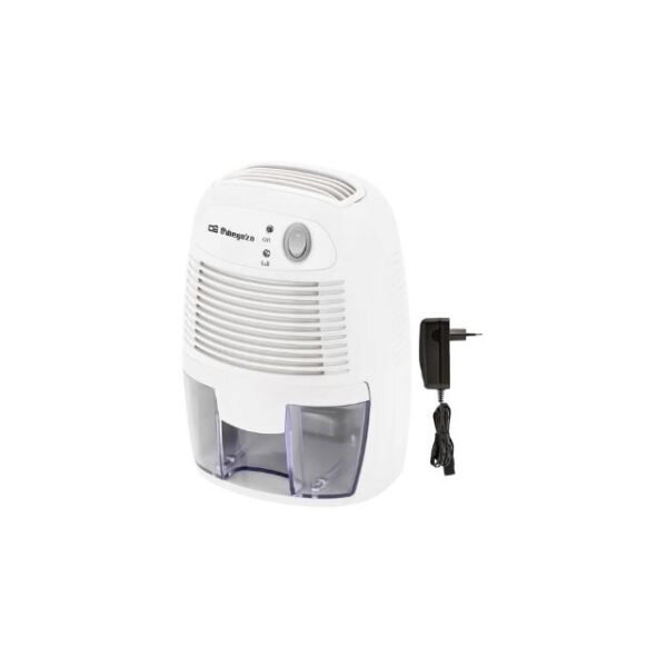 Orbegozo DH-250 Dehumidifier with Power Adapter on White Background.