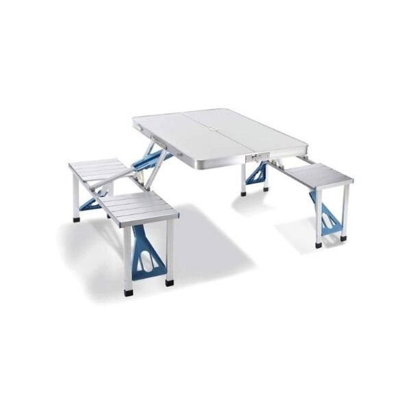 Foldable picnic table on white background with 4 spacious seats.